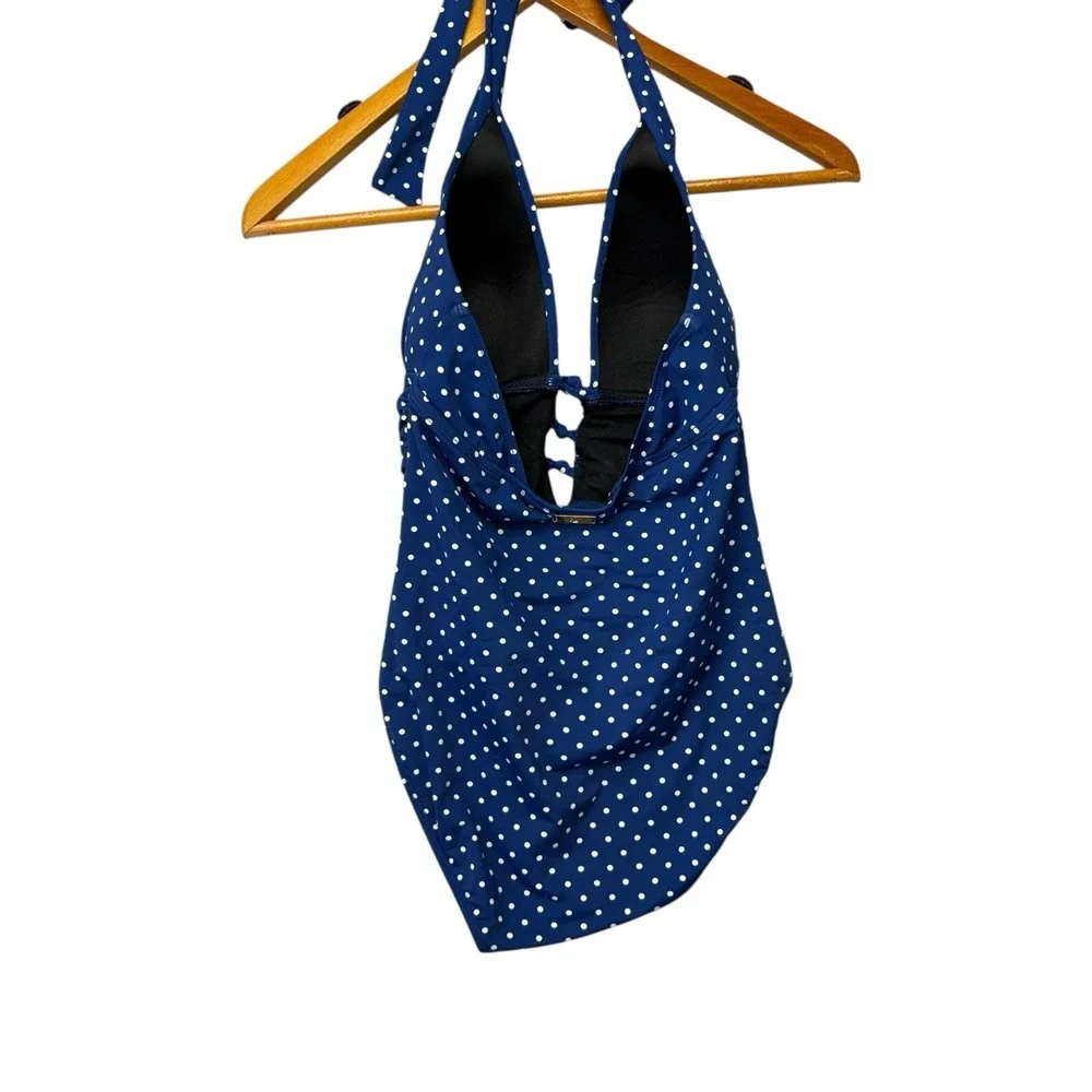 Lauren Ralph Lauren Womens Swimsuit 8 Blue Polka Dot One Piece Halter Ruched